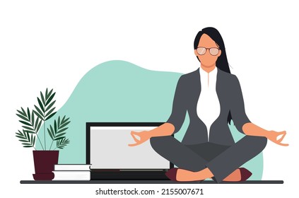 Office woman meditates sitting on the table. Businesswoman relax concept. Vector illustration