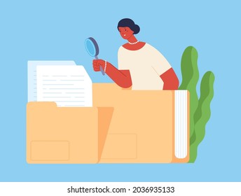 Office woman search files. Girl look in magnifying glass, businesswoman or human resources manager. Data safe, information vector concept