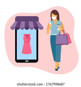 Office woman shopping online with smartphone in hand. She wearing medical mask to prevent Covid-19 coronavirus pandemic disease. Office lady purchase dress from online store. New normal lifestyle.