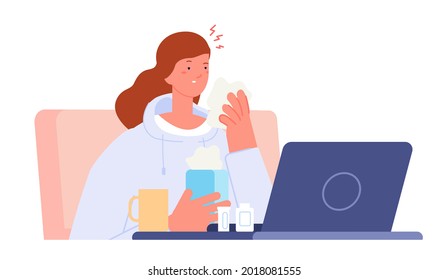 Office woman sick. Sad student at computer, tired female professional. Manager burnout, cold or allergy symptoms utter vector concept