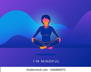 Office woman sitting in calm lotus pose and relaxing with analytics graphs behind. Gradient line vector illustration of young people meditating and thinking about mindfulness after hard working day