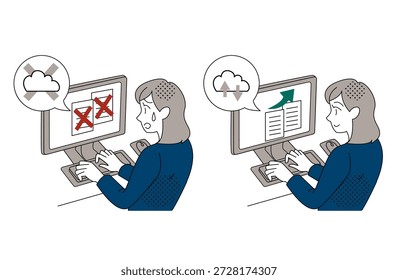 Office Woman Solving Cloud Upload Error Illustration