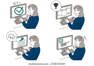 Mujer de oficina resolviendo con éxito problemas informáticos Ilustración