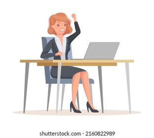 Office Woman in Suit at Desk with Laptop Feeling Angry Engaged in Workflow Vector Illustration