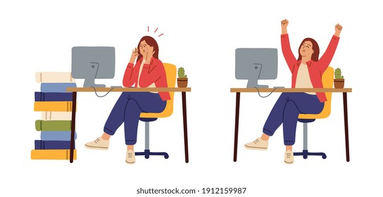 Office woman tired. Before after hard work, manager working. Angry and happy girl at table computer, successful employee vector character