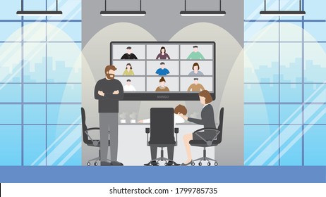 Office woman try to wake up sleeping colleague. while meeting by video conference. Teleconference business people meeting in conference room. Collaboration process of multicultural skill employee.