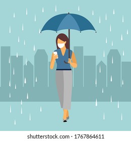 Office woman walking in the city while raining with umbrella in hand. She chatting with colleagues in mobile phone. Office lady wearing medical mask in public to prevent Covid-19 coronavirus disease. 