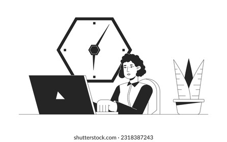 Office woman working on laptop bw concept vector spot illustration. Employee 2D cartoon flat line monochromatic character for web UI design. Desk office work editable isolated outline hero image