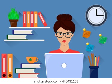 Office woman working on workstation desk. Vector illustration