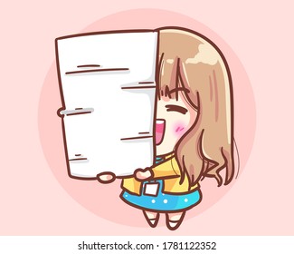 Office woman yong girl holding heap of papers. Office cute girl cartoon art illustration Premium Vector