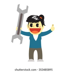 Office women cartoon and big wrench