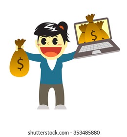 Office women cartoon and money from gadget 