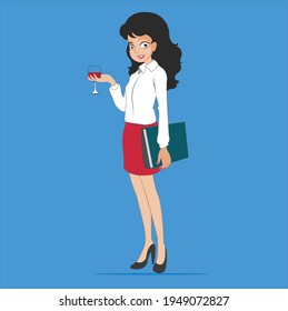 Office  Women Holding A Wine Glass And Offive Files With Office Dress, Office Girl, Wine Glass, Office Files, Red Wine