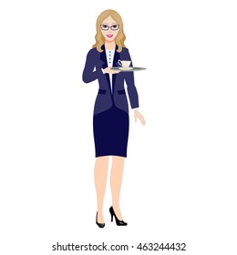 Office women or secretary with tea or coffee. She holds a tray in her hands.