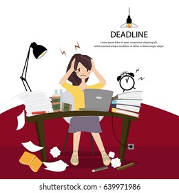 Office women work hard and headaches because of not completed as scheduled. Cluttered desk.Vector/Illustration
