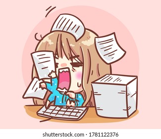 Office Women working in busy. Office cute girl cartoon art illustration Premium Vector