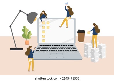 Office women are working together, busy teamwork’s working on laptop, flat design of office lifestyle concept, overwhelm business work vector, flat design of busy businessman working vector.