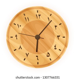 Office wooden clock with arabic numerals. Wooden bamboo interior style. Eco accessories and products from natural materials. Arabic calligraphy numbers.1