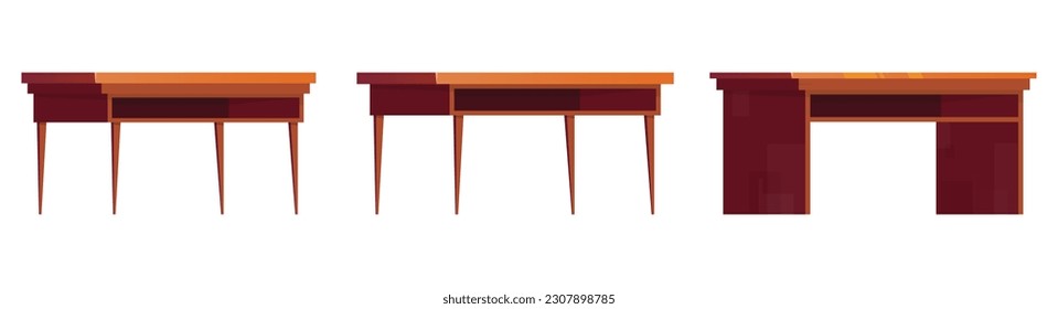 Office wooden desks for work. Collection of cartoon wooden tables, vector illustration isolated on white