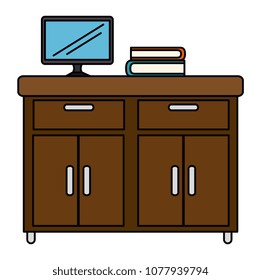 office wooden drawer with computer and books