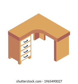Office wooden interior, corner table icon in isometric style 