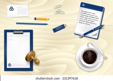 Office wooden table with office supplies and coffee - vector illustration