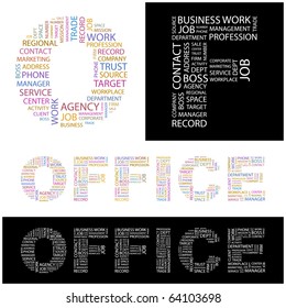 OFFICE. Word collage. Illustration with different association terms.