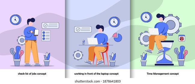 Office Work Activity Graphic Set. Check list of jobs concept, working in front of laptop concept, time management concept Vector Illustration Design Flat