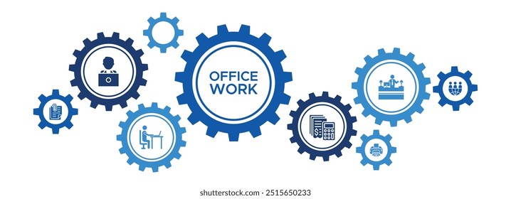 Office Work and Administrative Productivity Banner Featuring Documents, Teamwork, and Accounting Tools Icons