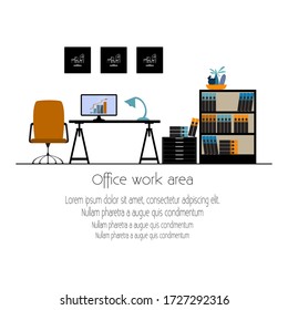 Office Work Area Flat Vector Illustration. An Organized Place For Working. Simple Solution For Office Interior.
