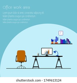 Office Work Area Flat Vector Illustration. An Organized Place For Working. Simple Solution For Office Interior.
