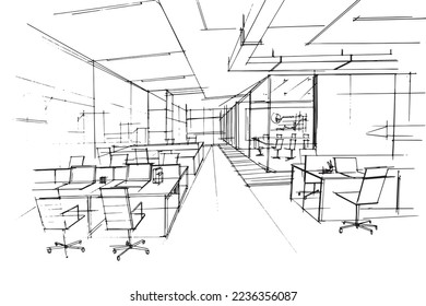 office work area sketch drawing,Modern design,vector,2d illustration