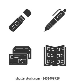 Office work attributes glyph icons set. Corporate worker kit silhouette symbols. Business accessories vector isolated illustrations. USB flash drive, pen, company catalog and envelope with id card