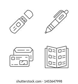 Office work attributes linear icons set. Business accessories thin line contour symbols. Flash drive, pen, company catalog and envelope isolated vector outline illustrations. Editable stroke