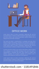 Office work banner with text sample and man at workplace typing on computer and dreaming about rest. Male sitting at table on chair, entrepreneur worker