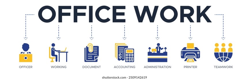 Office work banner web icon vector illustration concept with icon of officer, working, document, accounting, administration, printer, teamwork