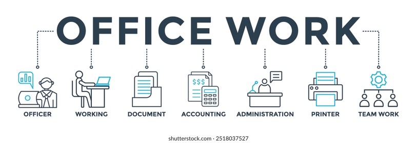 Office work banner web icon vector illustration concept with icon of officer, working, document, accounting, administration, printer, teamwork
