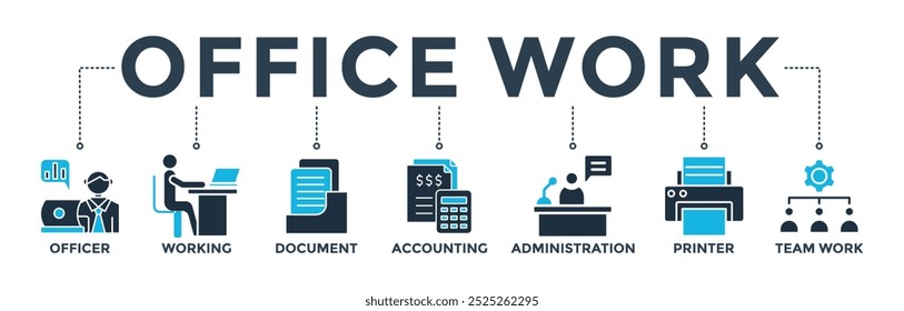 Concepto de Ilustración vectorial de icono de Web de Anuncio de trabajo de oficina con icono de oficial, trabajo, documento, contabilidad, administración, impresora, trabajo en equipo
