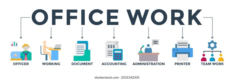 Office work banner web icon vector illustration concept with icon of officer, working, document, accounting, administration, printer, teamwork
