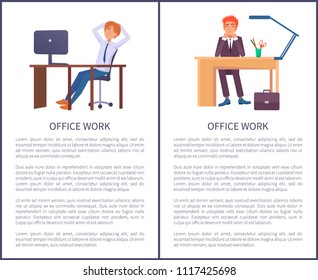 Office work banners set dreaming males sitting at workplaces and smiling. Workers at desk with stationary objects, vector isolated on white, text sample
