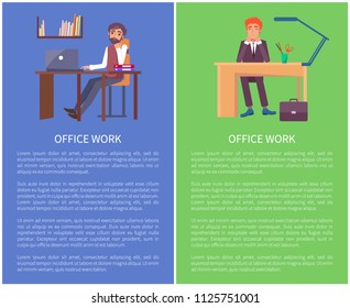 Office work banners set dreaming males sitting at workplaces and smiling. Workers at desk with stationary objects, vector isolated on white, text sample