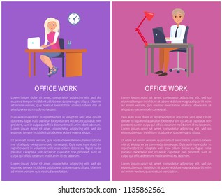 Office work banners set with man resting at workplace and woman typing on computer, vector workers sitting on chairs at table, banner with text sample
