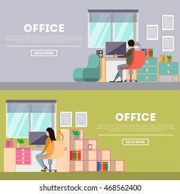 Office work banners set. With man and woman working. Business concept, vector illustration