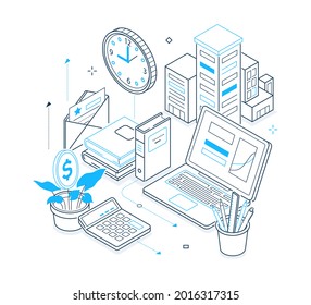 Office work - black and blue isometric line illustration
