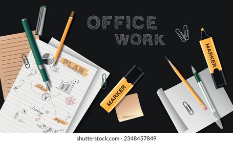 Tablero negro de trabajo de oficina con hojas de papel con notas dispersas en ella ilustración vectorial realista