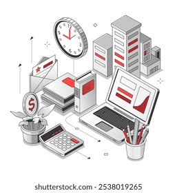 Office work - black and red isometric line illustration. Remote collaboration idea. Typical workday, laptop, clock, earning money, plant, e-mail, books. In touch from any place. Time management