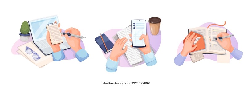 Office work with business documents and planning set vector illustration. Cartoon isolated hands of person holding notepad and pen, mobile phone with planner mobile app, diary reminder to work