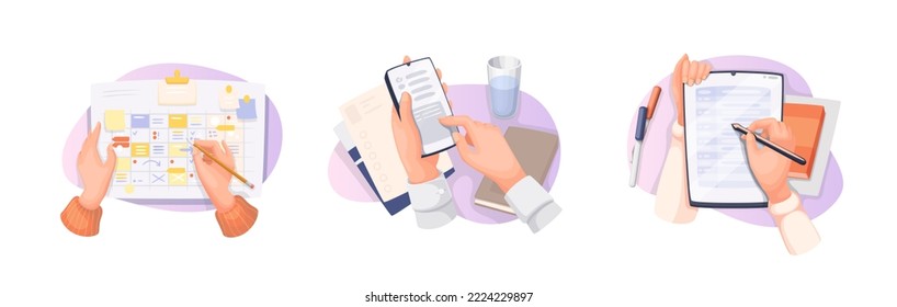 Office work with business documents set vector illustration. Cartoon isolated businessmans hands holding mobile phone to work and pencil to write on chart statement, paperwork organization of employee