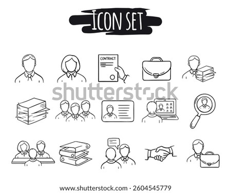 Office work. Business. Employees. Interview and hiring. Set of vector hand drawn icons for website, banner, poster