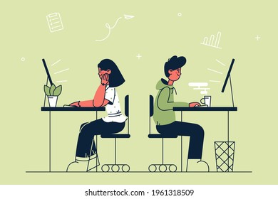 Office work, business, teamwork concept. Man and woman sitting and working at office desks with desktop computers together vector illustration 